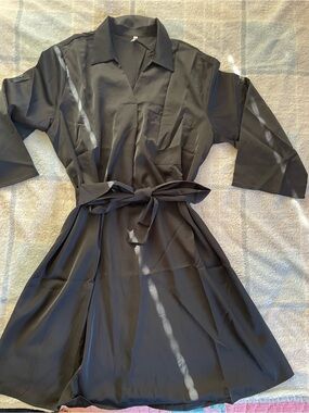 HALARA Black Midi Shirt Dress with Tie Waist